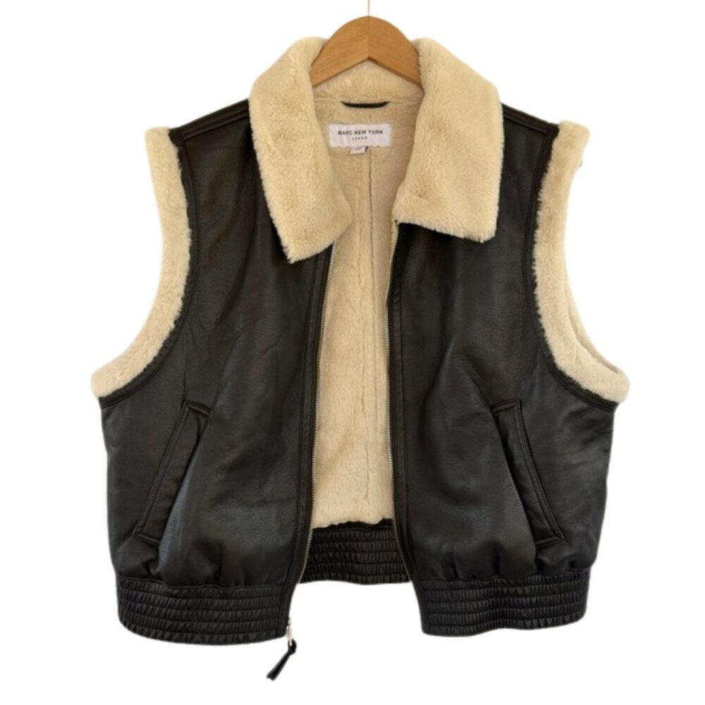 Marc New York Faux Leather Sherpa Lined Vest Black Cream Zip Front Moto Size L